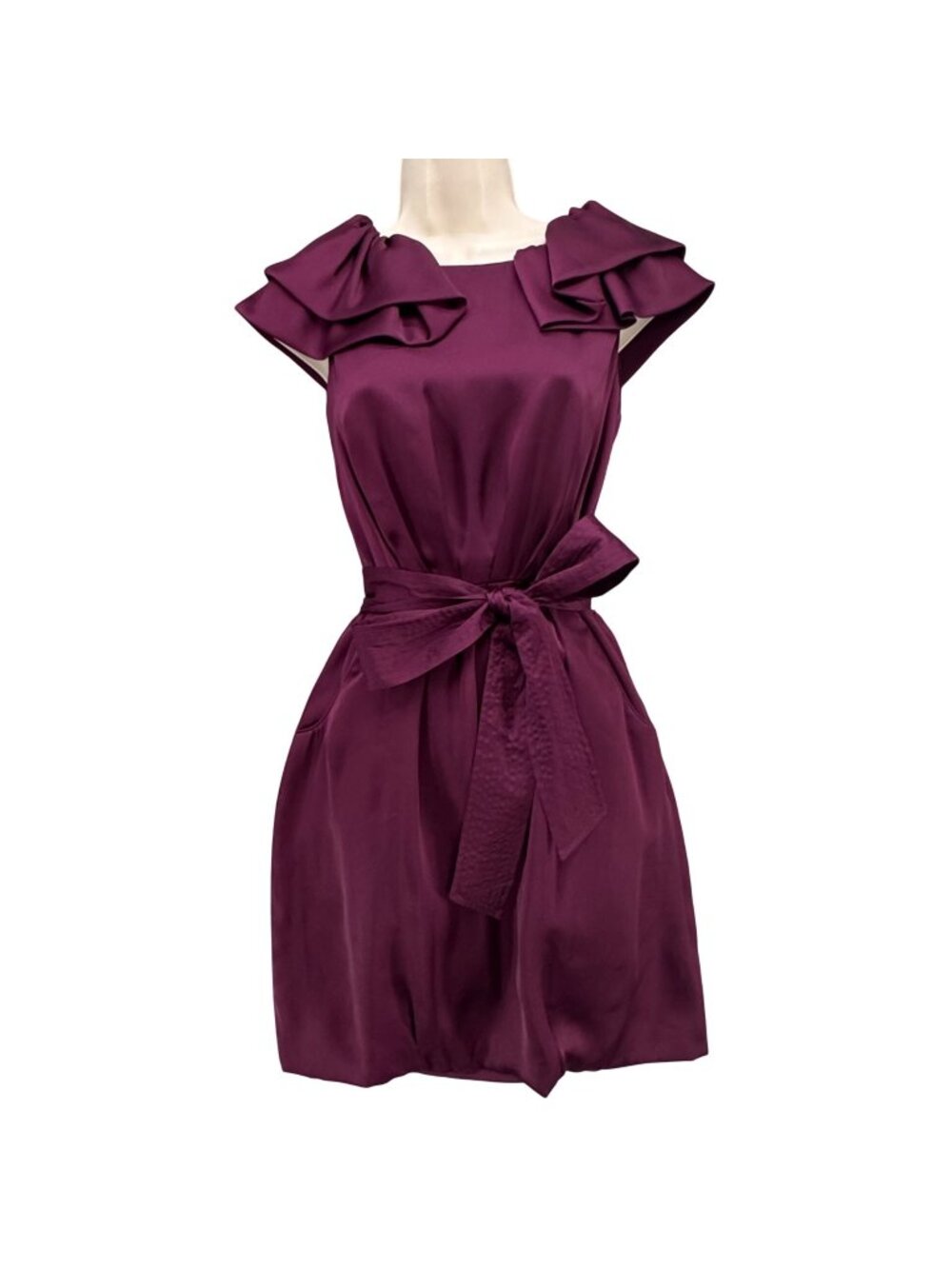 BCBG Paris Drape Ruffle Dress Plum Purple Sleeveless Pleated Pockets Belted Sz 2